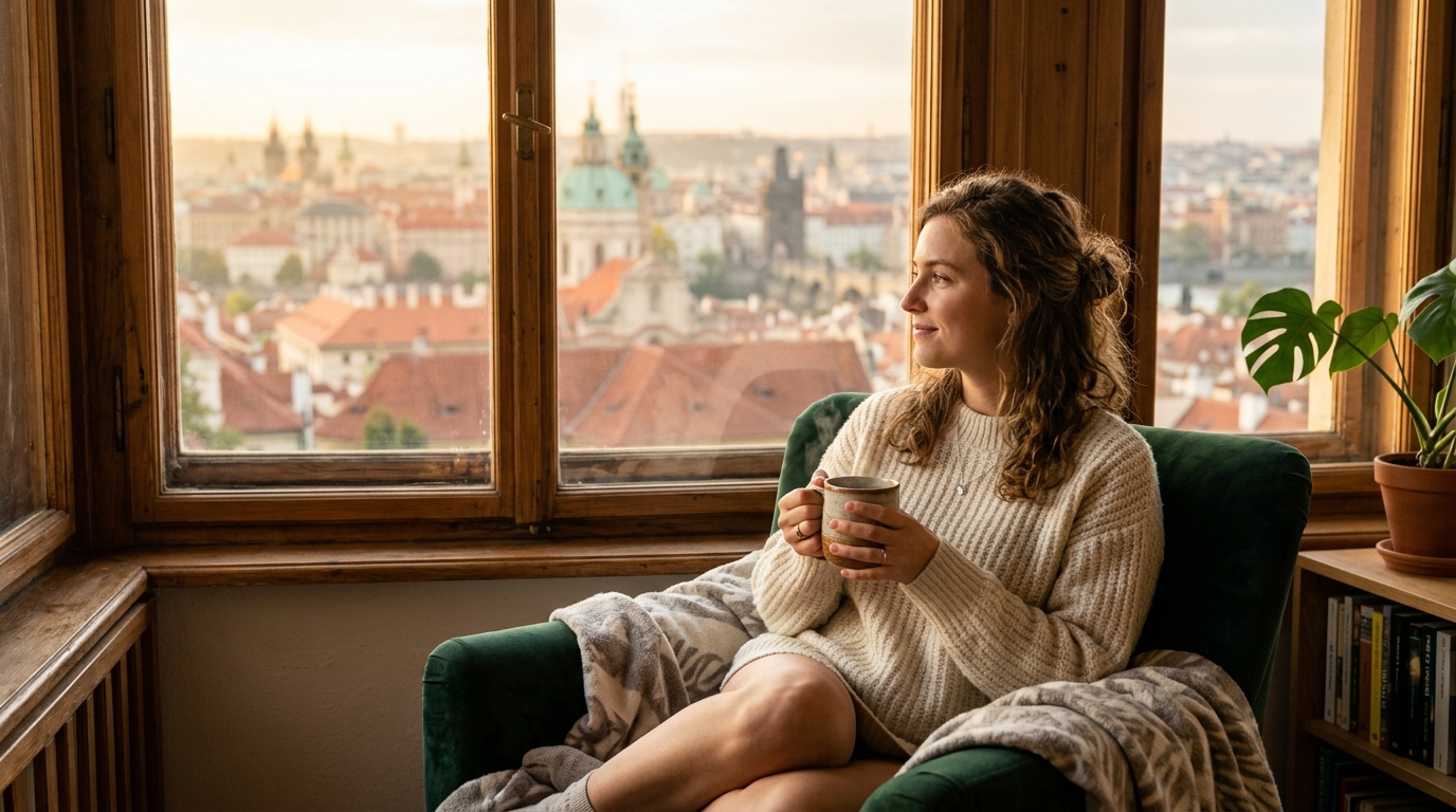 Žena s bylinkovou čajem v útulném pražském bytě, ranní světlo
