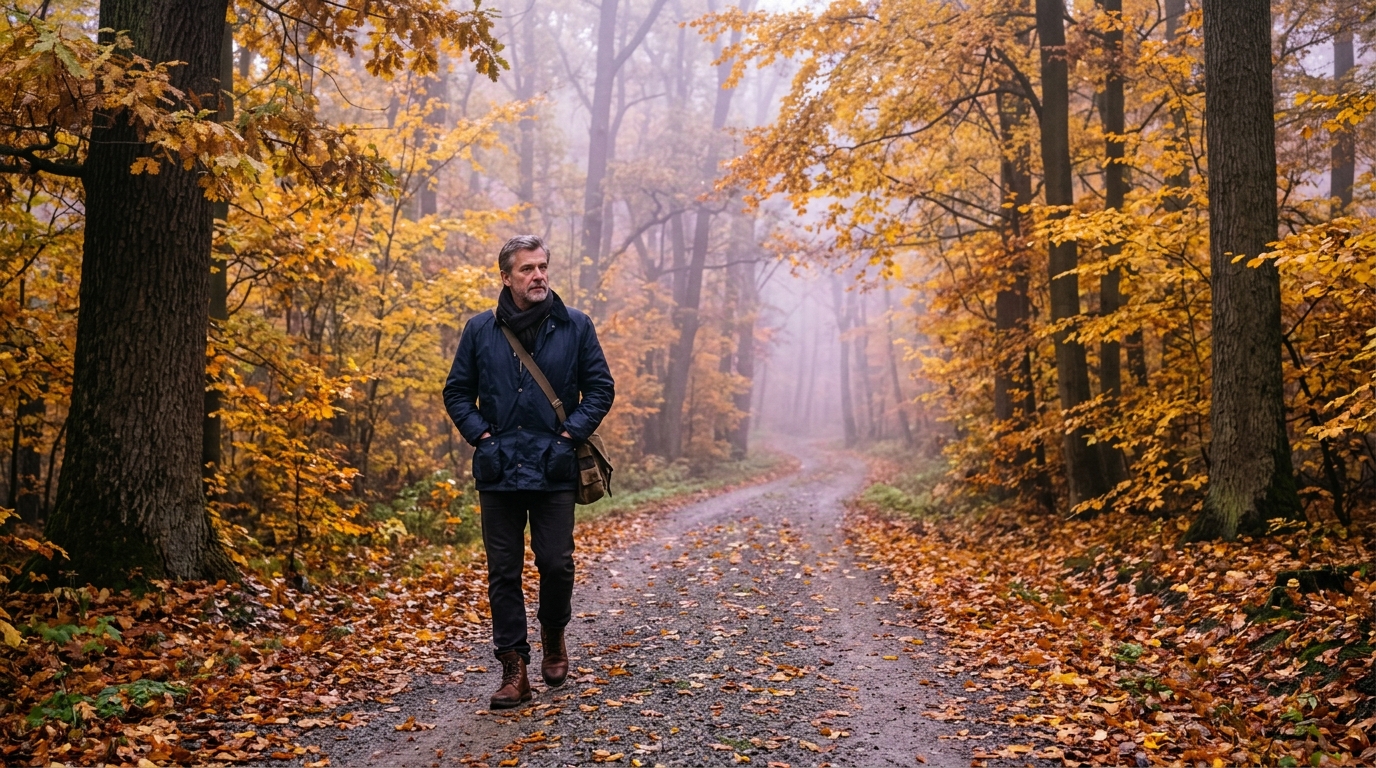 Muž na procházce v mlžném podzimním parku v Čechách