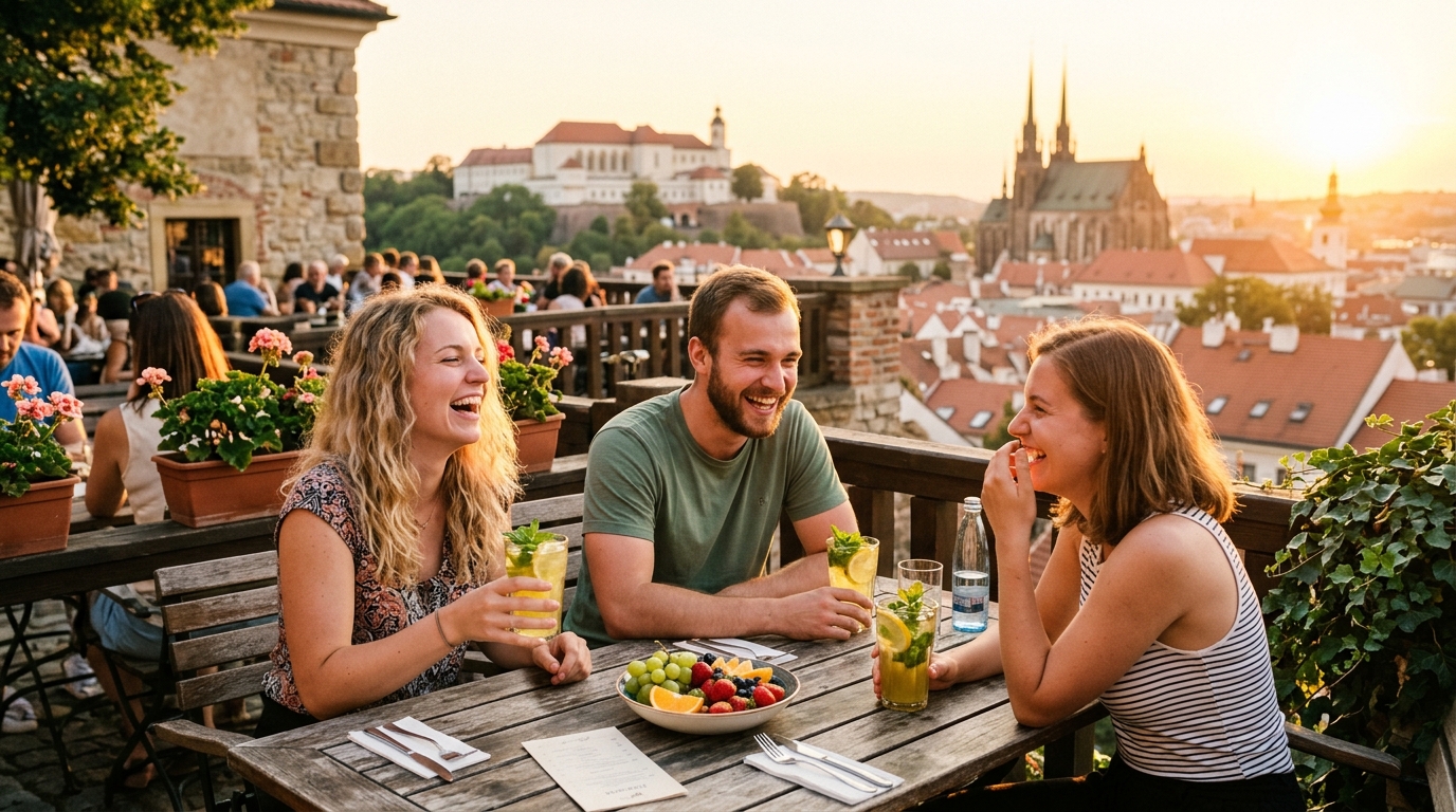Přátelé u kavárenského stolku v Brně, ovoce a bylinné nápoje, západ slunce